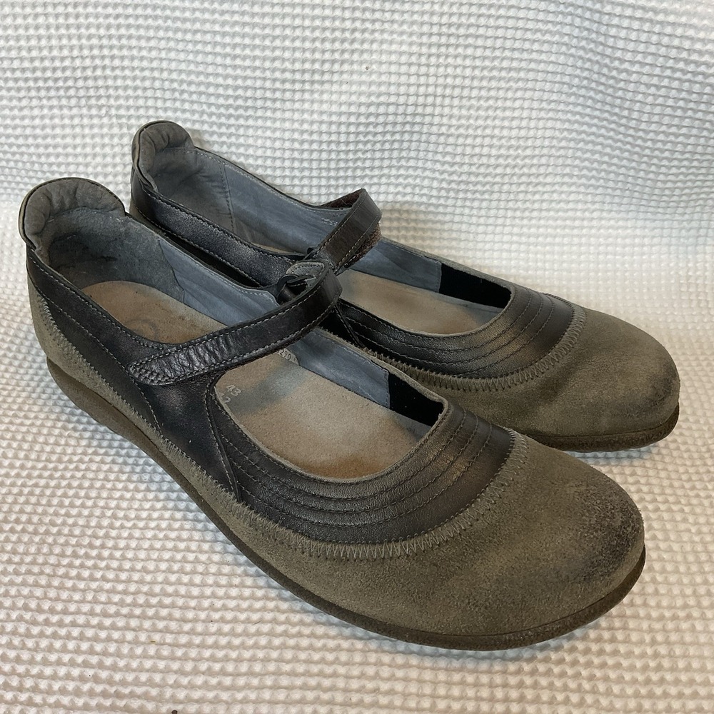 NAOT Kirei 43/ 12 Suede + Leather Mary Janes Flats Loafers Shoes Grey Gray Worn1